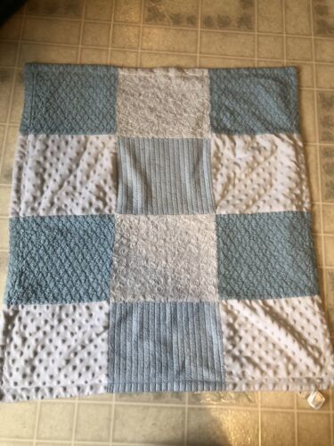 Primary image for Baby Essentials Blue Chenille Stripes -Swirls White Minky Dot BLANKET Patchwork