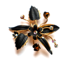 Vintage Austrian AB Crystal Brooch Gold Tone Black Enamel Paint Flower L... - $29.69