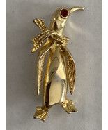 Vintage Gold Tone Tuxedo Penguin Brooch Pin Red Rhinestone Eye Scarf Bird - £7.07 GBP