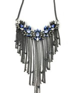 Gray Metal Rhinestone Chain Statement Necklace 13&quot; Blue Clear Retro Boho... - £10.60 GBP