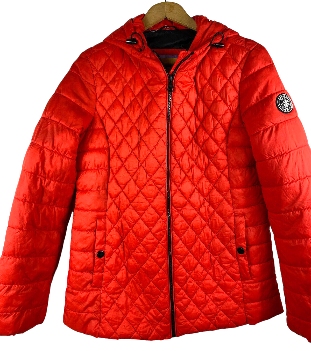 Madden Girl Puffer Jacket Medium Red Orange Hooded Packable Juniors Quilted - $18.49