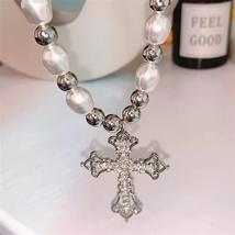 2024 Trendy Pearl Cross Pendant Necklace Hip Hop Retro Men Women Religious Jewel - £15.98 GBP