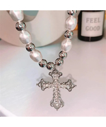 2024 Trendy Pearl Cross Pendant Necklace Hip Hop Retro Men Women Religio... - £14.95 GBP