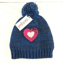 Cat &amp; Jack Girls Beanie Hat Knit Pom Heart Sequins Flip Blue OSFM One Size - £3.91 GBP