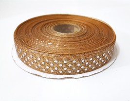 5/8&quot; 16mm wide - 50yd Gold Brown Glitter w/ Silver Polka Dots Organza Ribbon OG1 - £4.71 GBP