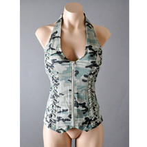 Halter Forest Camouflage Camo Military Lace Up Fitted Zipper Womens Vest... - $54.84 CAD