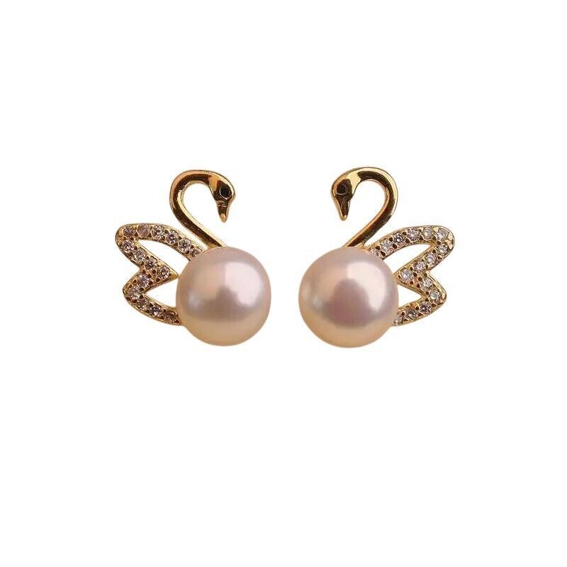 Golden Faux Pearl Swan Pierced Stud Post Earrings - New