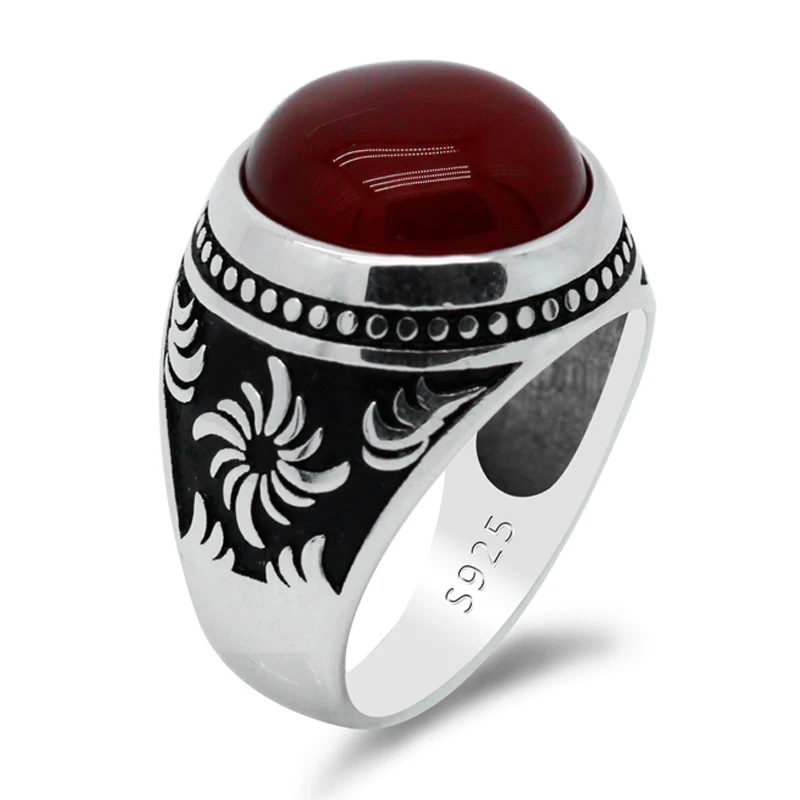 Ring 925 sterling silver islamic muslim with red agate stone male rings retro whirlwind thumb200