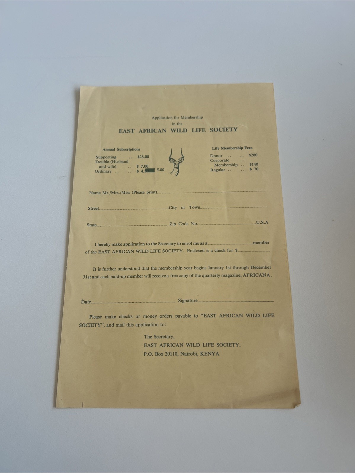 East African Wild Life Society Membership Application Ephemera Vtg Afric... - $10.00