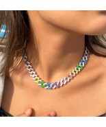 Created Diamond 14K White Gold Over Miami Rainbow Enamel Link 10 MM Neck... - €634,22 EUR