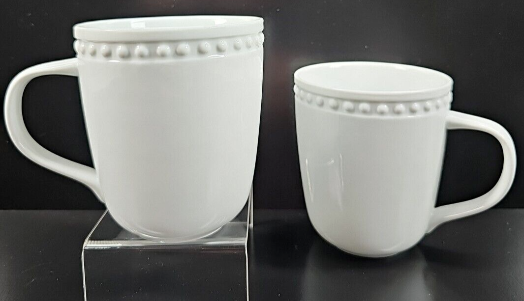 2 Home Trends Canopy Beaded Mugs Set White Smooth Porcelain Coffee Tea C... - $39.47