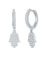 Sterling Silver Small Channel CZ Huggie Hoop Hamsa Hand Charm Dangling E... - $58.64 CAD