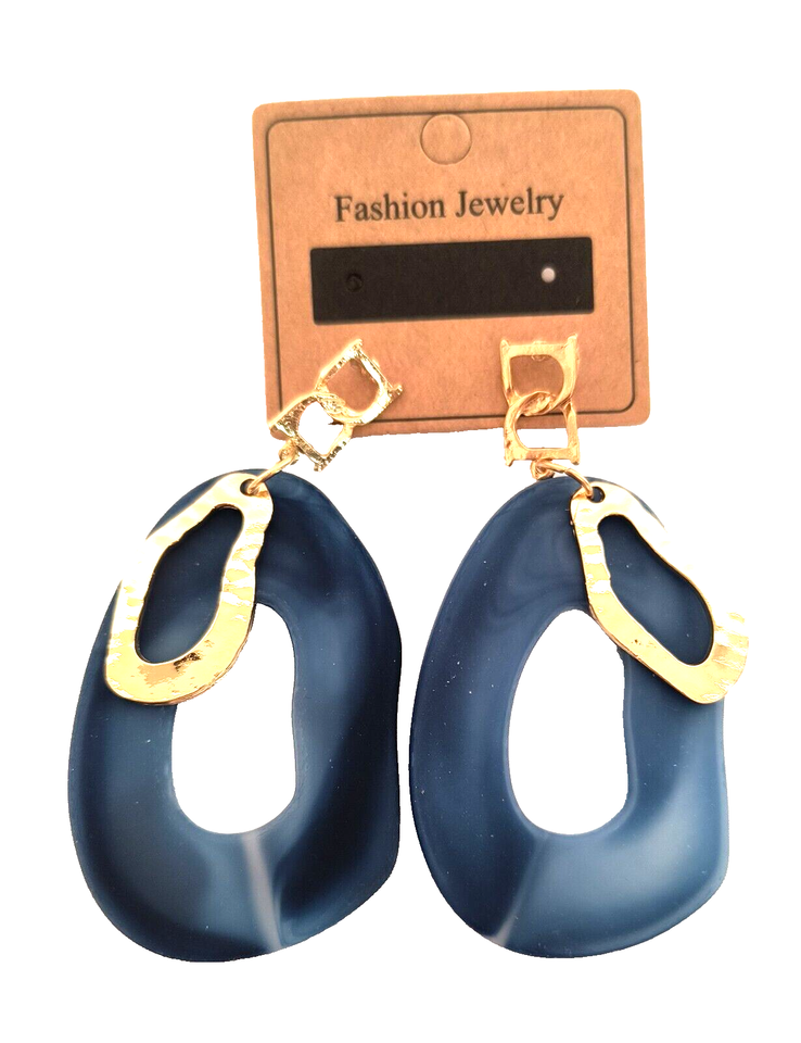 New Fashion Jewelry Drop/Dangle Earrings Blue Acrylic Hammered Gold Tone Metal - $9.90