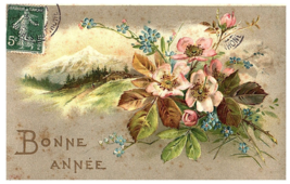 Bonne Annee Happy New Year Flowers Winter Scene Postcard - £4.39 GBP