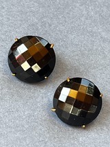 Vintage Classic Round Black Faceted Plastic Button Goldtone Clip Earrings – - £9.02 GBP