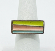 Handcrafted Sterling Silver Pastel Green Pink Blue Enamel Inlay Adjustable Ring - $21.78