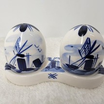 Delft Blue Hand Painted Egg Salt &amp; Pepper Shakers Set w/Underplate VTG Windmills - £9.54 GBP
