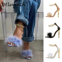 Furry Heel Sandals Women Pointed Toe Metal Chain High Heels for Ladies - £31.07 GBP
