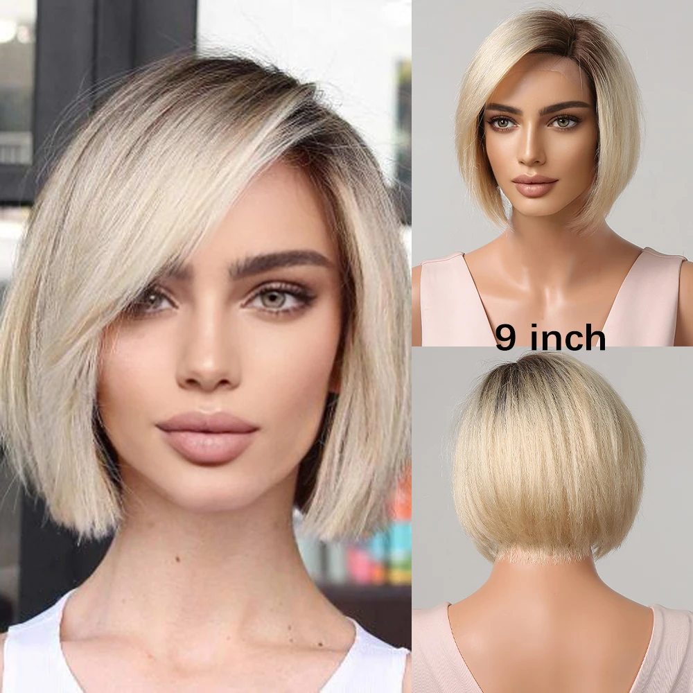 Bob Human Hair Wigs Ombre Light Blonde Pixie Cut Lace Front Wigs for Women Si - £86.50 GBP+