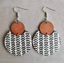 Beautiful Wood and Black and White Circle Drop Earrings - $11.64