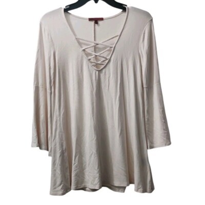 BKEred Tunic Top Criss Cross V Neck Bell Sleeve Casual Beige Small - $15.14
