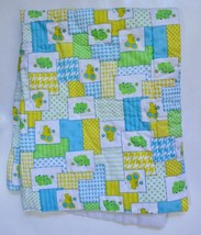 Vtg Baby Quilt Blanket Elephants Mice Yellow Blue Green Patchwork Print Quilted - £16.50 GBP