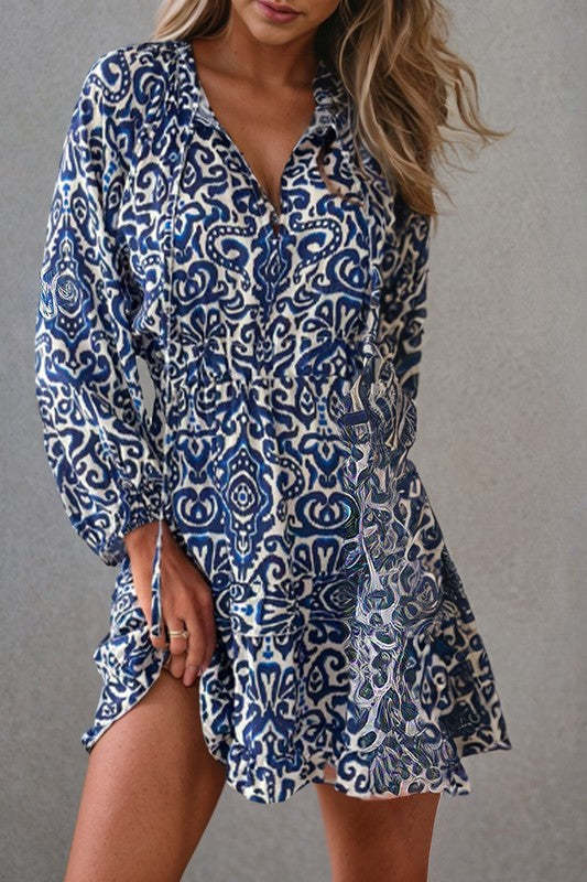 Geometric Ruffled Drawstring V Neck Mini Dress - $26.50