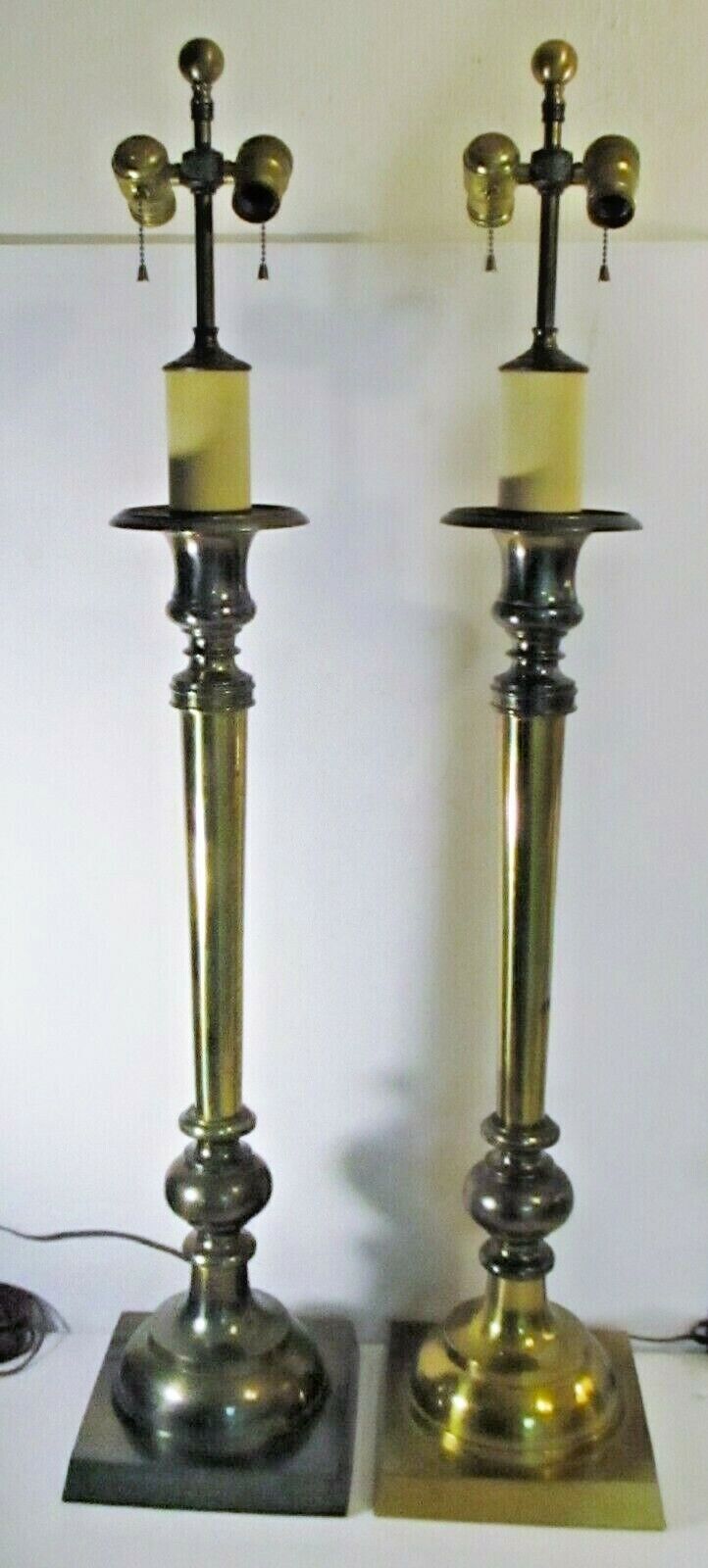 Primary image for Matching Pair of Chapman 40" Brass Candlestick Buffet Lamps Hollywood Regency 