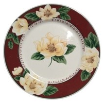 Gibson Magnolia Bloom Salad Plate 7 5/8” D Maroon Rim Ceramic Dish Floral - £8.70 GBP