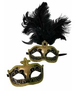 Black Gold Couples Masquerade Mardi Gras Set Feather Mask - $474.08 MXN