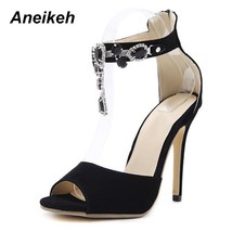 Black Crystal Women Embellished Suede Leather High Heel Sandals Sexy Peep Toe An - £38.06 GBP