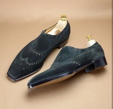 Handmade Black Color Suede Shoes, Men&#39;s Loafer Slip On Wing Tip Stylish Shoes - £124.91 GBP