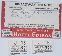 Hotel Edison Broadway Theatre Envelope &amp; 2 Ticket Stubs Gypsy July 22 1959 - £19.62 GBP