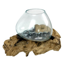 XL Clear Molten Glass On Teak Driftwood Base Decorative Bowl Vase Terrarium - £63.49 GBP