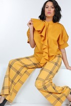 Women&#39;s Yellow High Waist Plaid Print Wide Leg Pants - £38.05 GBP