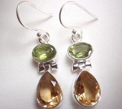Faceted Peridot and Citrine Teardrop Double Gem 925 Sterling Silver Earrings - £18.69 GBP