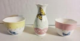 Lenox Butterfly Meadow 3 Pc Bowls Vase Pink Yellow Dresser Set Home Deco... - $41.74