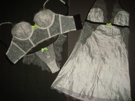 Victoria&#39;s Secret longline 32D BRA SET+panty+S SLIP Black White lace Dream ANGEL - £78.62 GBP