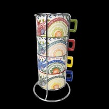 Pier 1 Stackable Mugs Countertop Metal Holder Paisley Morrocan Floral 4 Cups - £18.99 GBP