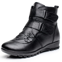 OUKAH Winter Genuine Leather Ladies Ankle Boots Women Black Flat flower Waterpro - £63.84 GBP