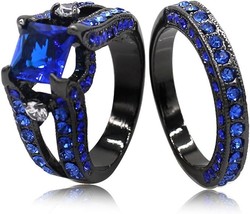 3 Ct Princess Cut Sapphire Bridal Set Wedding Ring 14k Black Gold Finish - £112.59 GBP