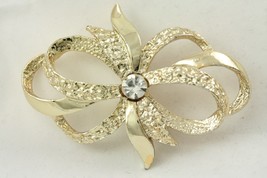 Vintage Costume Jewelry Gerrys Gold Tone Ribbon Bow Rhinestone Brooch Pin - £15.47 GBP