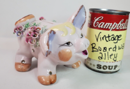 Lefton Piggy Bank Hand Painted Applied Flowers Rhinestones Vintage 1950s B-571 - £19.04 GBP