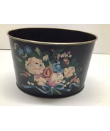Vintage Hand Painted Metal Toleware Oval Tabletop Desk Bin Storage Flowers - $11.88