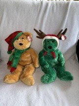 2 Ty Beanie Buddy 2003/2004 Holiday Teddy Bears Plush Holly Hat Reindeer Antlers - $19.99