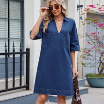 Washed V-neck loose, short-sleeved dress medium and long dress - £12.52 GBP