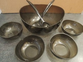 Salad Bowl Set for 4 + Serving Utensils Smoked Glass Look Acrylic Vtg $300 Value - £43.29 GBP