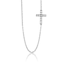 Sterling Silver Small CZ Sideways Cross Necklace - £24.37 GBP