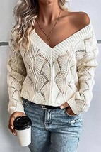 Beige Hollow Out Knit V Neck Drop Shoulder Sweater - £31.16 GBP