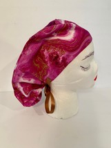 100% Cotton Pink/Gold Agate Ponytail Scrub Cap, Lightweight, OR Rn, CRNA... - $20.00